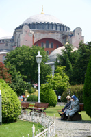 Two women in park next to Hagia Sophia