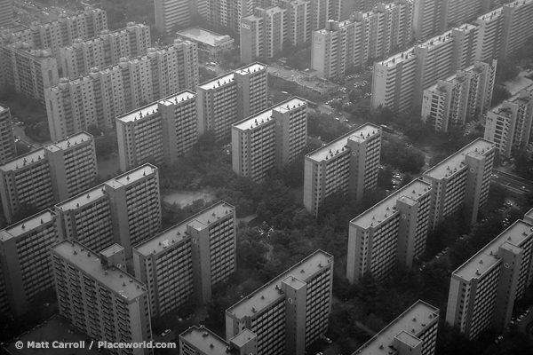 apartment blocks resembling transistors, Seoul, black and white