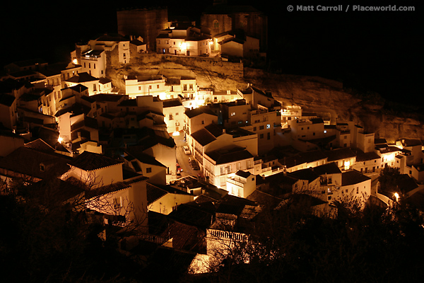 Setenil, a Spanish town situated in a gorge, at night